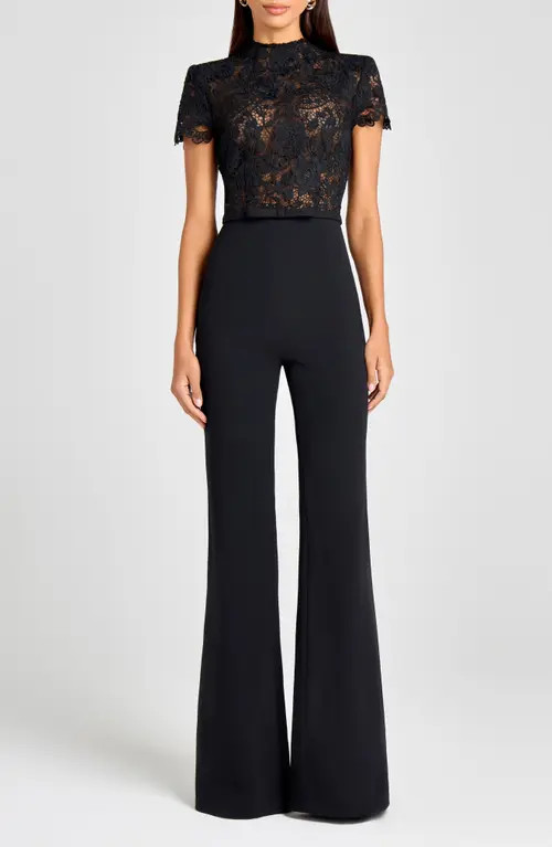 NADINE MERABI Harriet Lace Bodice Wide Leg Jumspuit in Black at Nordstrom, Size 12 | Nordstrom