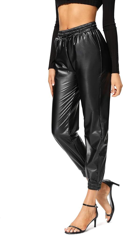 Foucome Womens Faux Leather Pants Elastic Waisted Casual Trousers | Amazon (US)