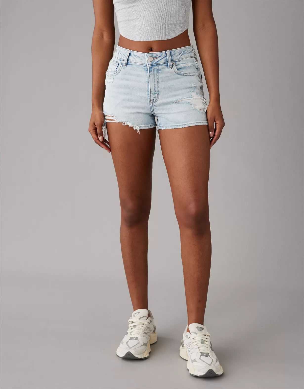 AE Next Level High-Waisted V-Rise Ripped Denim Short Short | American Eagle Outfitters (US & CA)