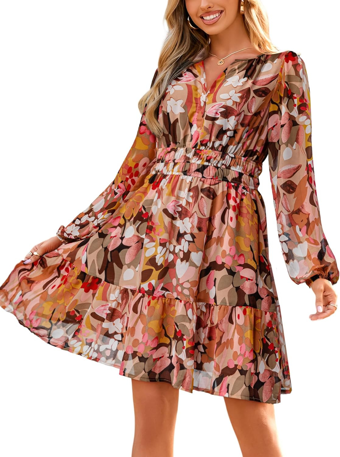 Simplee Womens Fall Floral Mini Dress Boho Chiffon Flowy Short Dress | Amazon (US)