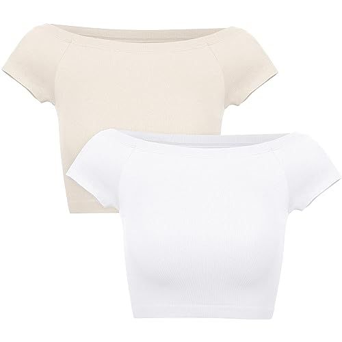 ODODOS 2-Pack Off Shoulder Crop Tops for Women Shorts Sleeve Seamless Cropped Top Ribbed T-Shirts | Amazon (US)