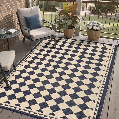 HUGEAR Outdoor Rug for Patios Clearance,Waterproof Mat,Large Outside Carpet,Reversible Plastic Straw Camping Rugs,Rv,Porch,Deck,Camper,Balcony,Backyard (5x8,Checkered/Black&Beige) | Amazon (US)