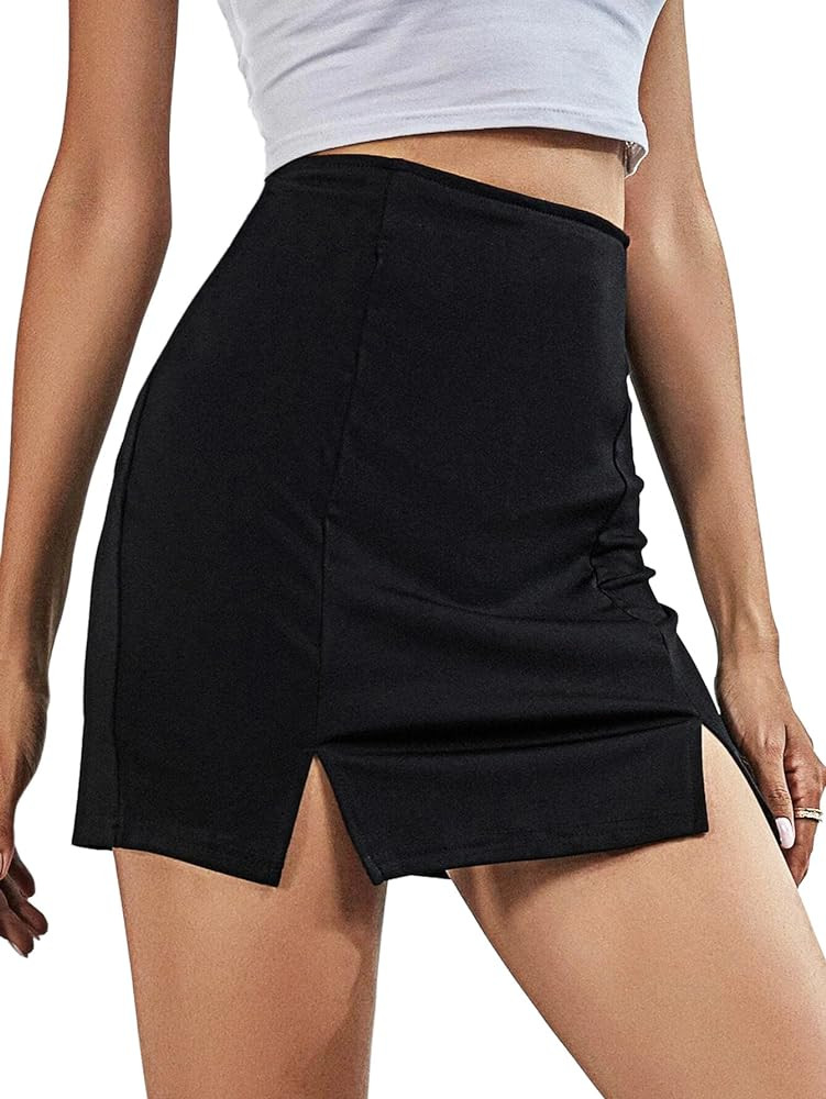 Slit Skirt for Women High Waist Sexy Mini Leg Slit Bodycon Skirts Stretchy | Amazon (US)