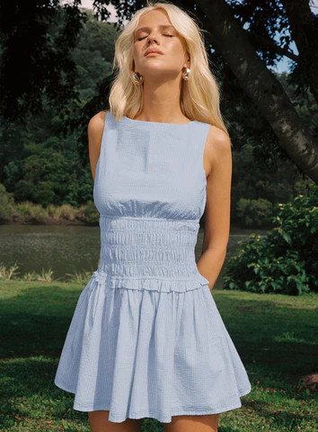 Yennifer Shirred Mini Dress Blue / White | Princess Polly US