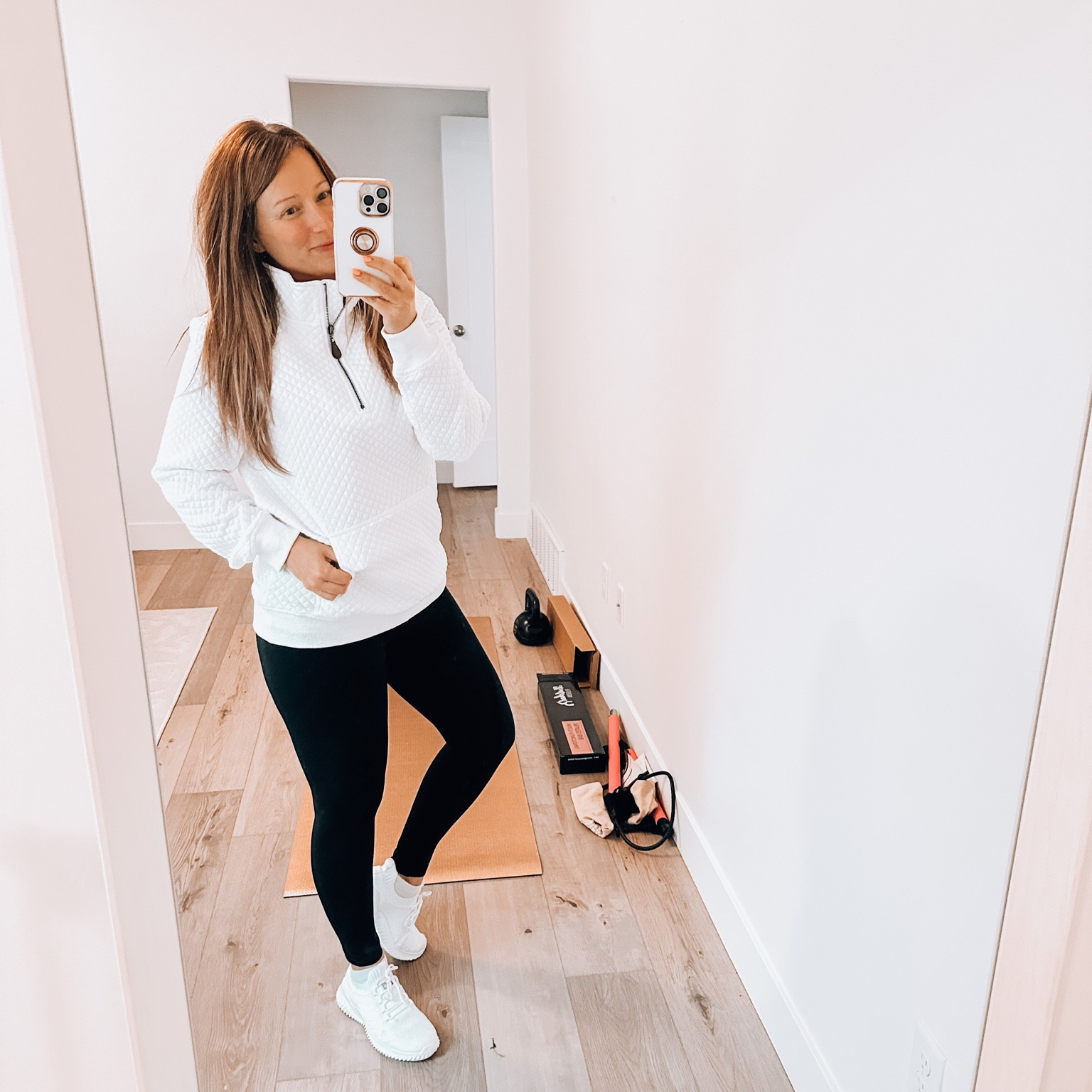 RUN!!!!

And I’m serious. 

RUN… to get these yoga pants  I fell in the love the second I put them on. 😍

I’ve linked to these in two ways, in case you prefer shopping one way or the other. (In my stories - and “fashion” highlights folder, and in my LikeToKnowIt by clicking on the link in my bio and clicking on “shop my Instagram photos” button. 

I’m wearing a medium and I’m 5’4, 140lbs. 

The WHITE TOP: I say again… RUN!!! Run and get this top. It’s soft, so cozy, and comes in so many colors! 
I got a small and I’ve linked to this in the same way I did the yoga pants. 😘