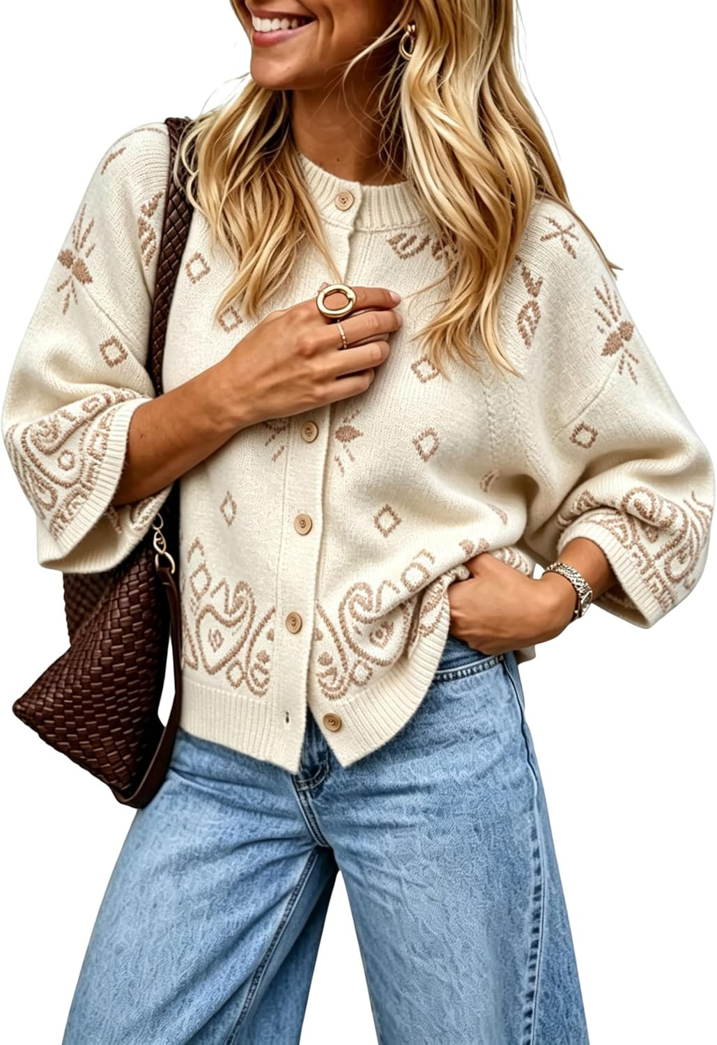 Yeokou Women's Bandana Batwing Cardigan 3/4 Sleeve Loose Knit Top Pullover | Amazon (US)