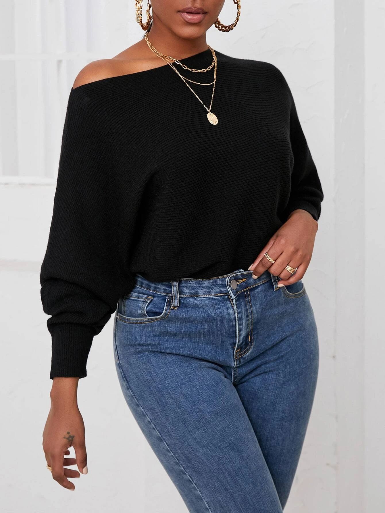 Solid Boat Neck Batwing Sleeve Sweater | SHEIN