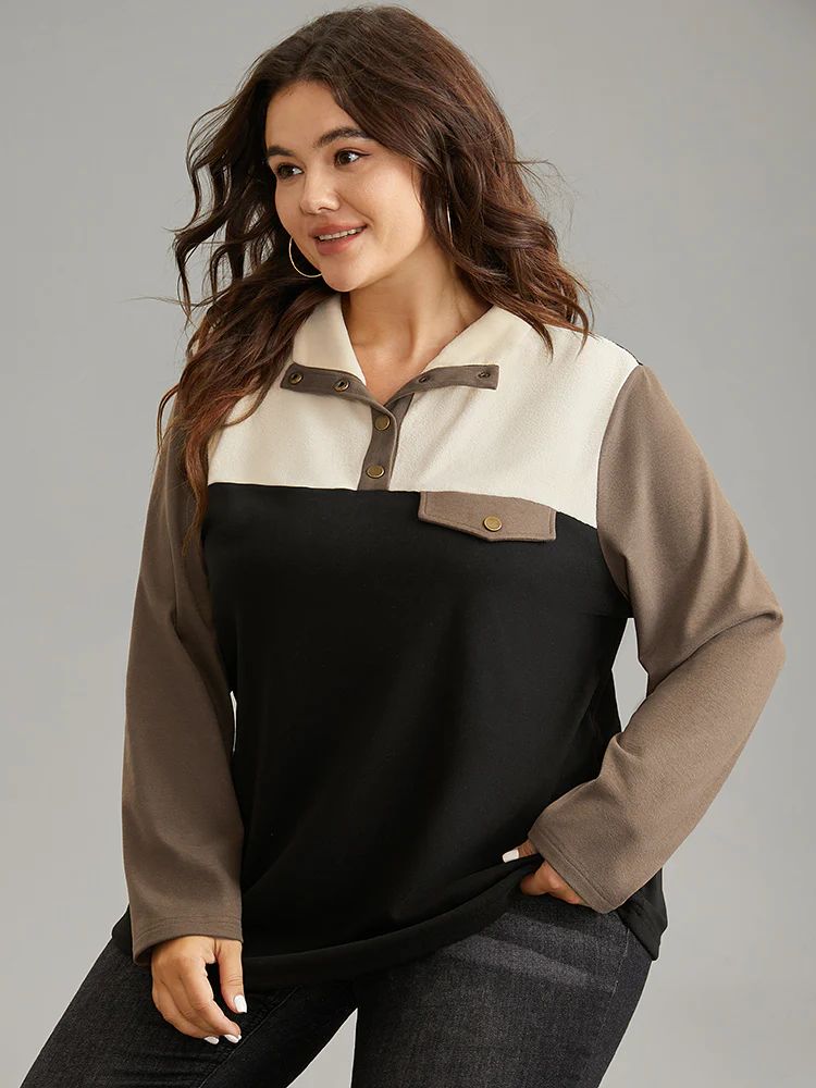 Contrast Patchwork Button Up Flap Detail Sweatshirt | Bloomchic