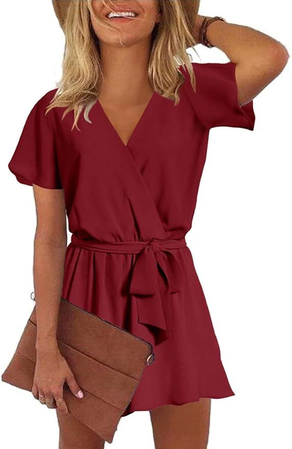 REORIA Womens Summer V Neck Ruffles Short Sleeve Belted Wrap Short Jumpsuit Rompers | Amazon (US)