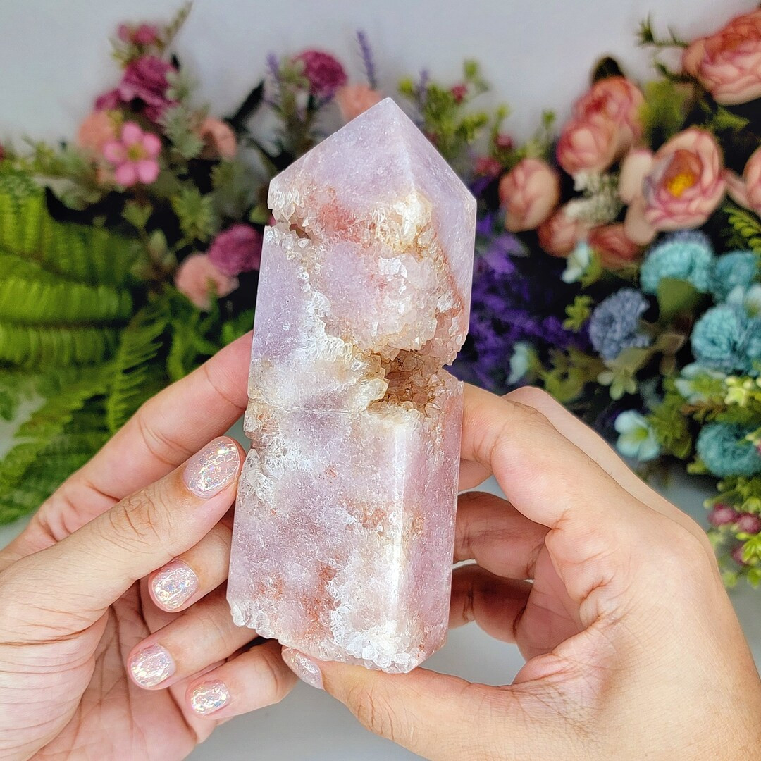 354g Beautiful Light Pink Flower Agate Tower W/ Druzy Flower - Etsy | Etsy (US)