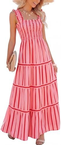 Caracilia Womens Summer Maxi Dresses Floral Smocked Sleeveless Ruffle Boho Casual Flowy Aline Bea... | Amazon (US)