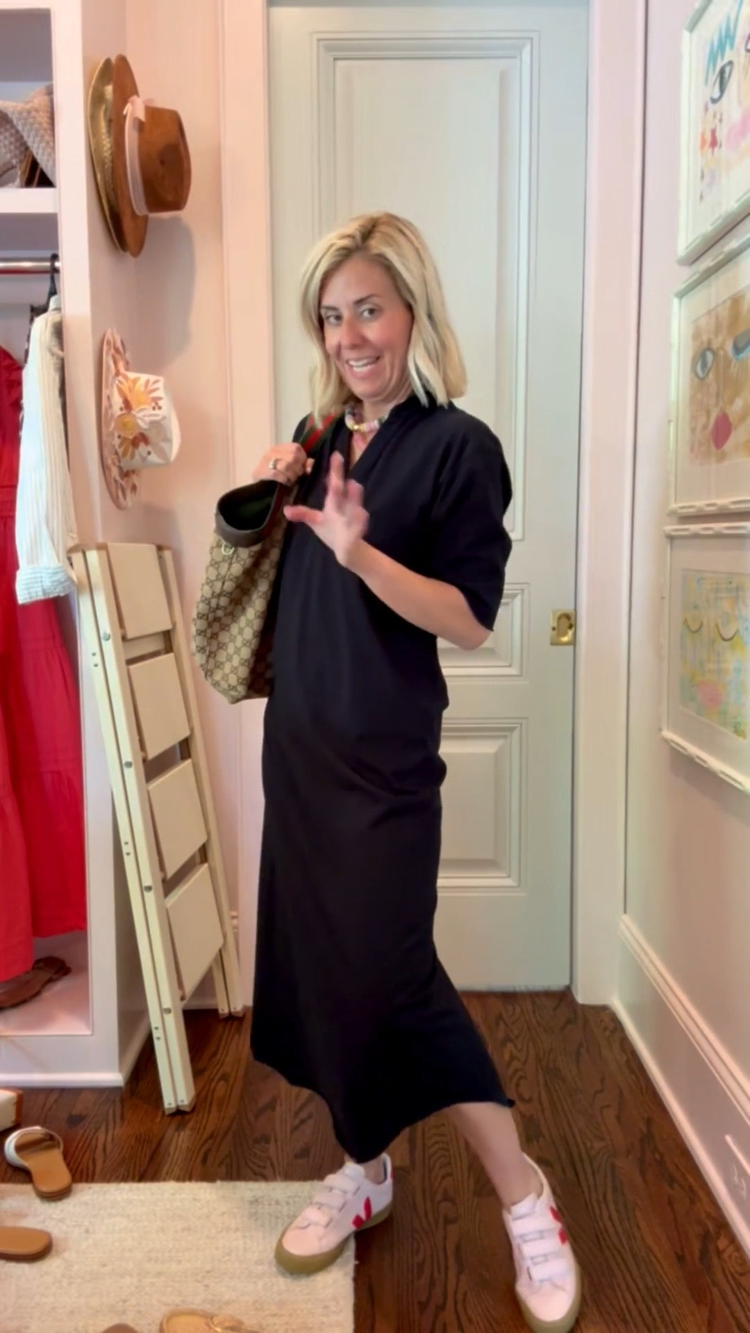 A must have dress if I say so myself! It’s a closet keeper that you will wear over & over. I’m wearing xs dress & 8 sneaker. 
*Use my code Catherine20 at Allie + Bess 
*Use my code MIXANDMATCH for 25% off at Erin McDermott 
