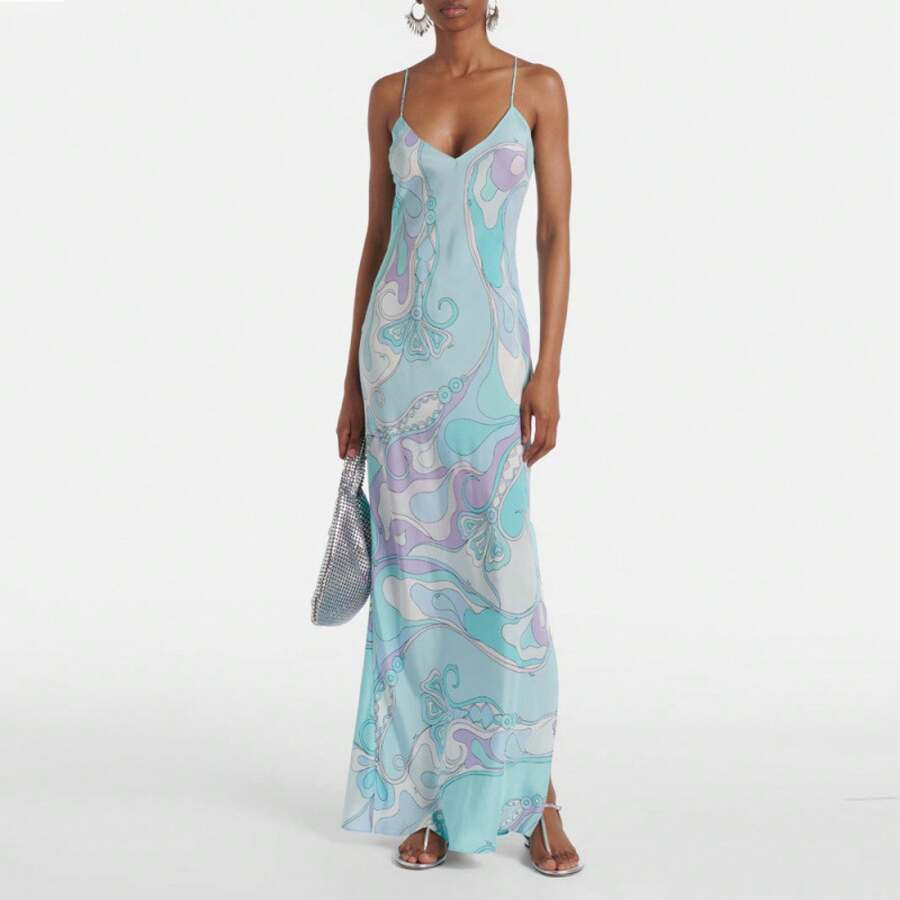 LocalEuropean And American Summer Fashion Women Printed Sexy V Neck Slit Strap Dress For Hot Girl... | SHEIN