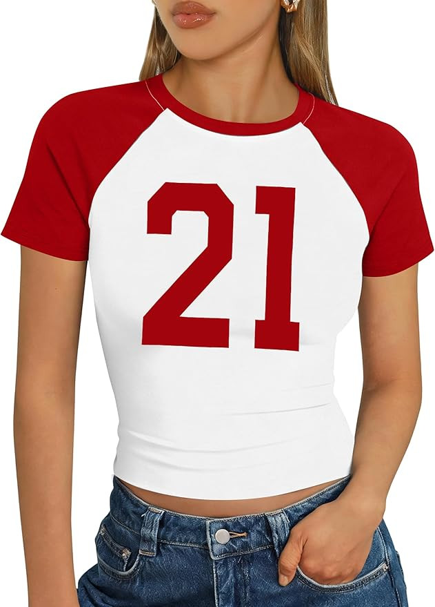 Womens Crop Tops Summer Y2k Cropped Shirt Number Graphic Tees Basic Tight T Shirt Birthday Short ... | Amazon (US)