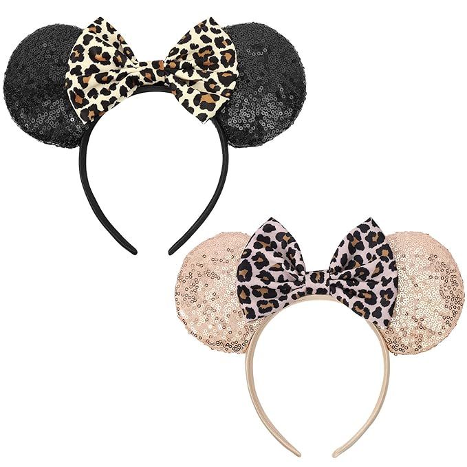 Leopard Mouse Ears Headbands, 2 PCS Leopard Cheetah Mouse Ears Glitter Leopard Print Headbands fo... | Amazon (US)