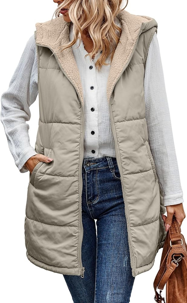 ECOWISH Women Long Puffer Vest: Fall Zip up Reversible Fleece Jacket 2023 Winter Warm Sleeveless Hoo | Amazon (US)