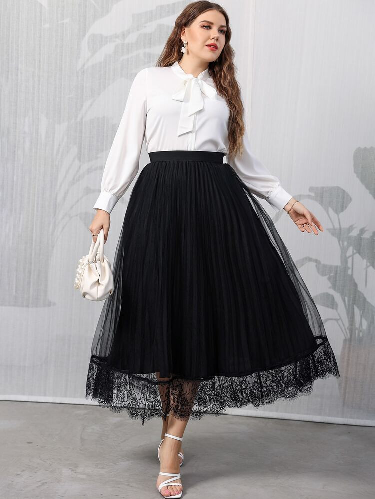 Plus Eyelash Lace Panel Pleated Mesh Skirt | SHEIN