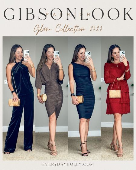 Holiday party outfits are here! Save 10% code HOLLY10 sitewide @Gibsonlook. 
Sizing info: I am normally an extra small, but in Gibsonlook, I wear typically wear an XXS.   Velvet trousers and velvet halter top both size XXS, the metallic dress is so comfy , flattering, forgiving XXS, one shoulder, ruched body con dress go up a size wearing an XS red lace dress XS. 
Shoes, all TTS

#LTKHolidaySale #LTKHoliday #LTKstyletip