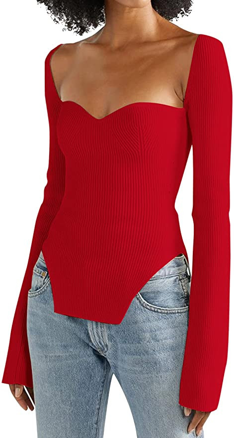 MISSACTIVER Women Square Sweetheart Neck Asymmetrical Hem Knit Sweater Solid Long Sleeve Slim Fit... | Amazon (US)