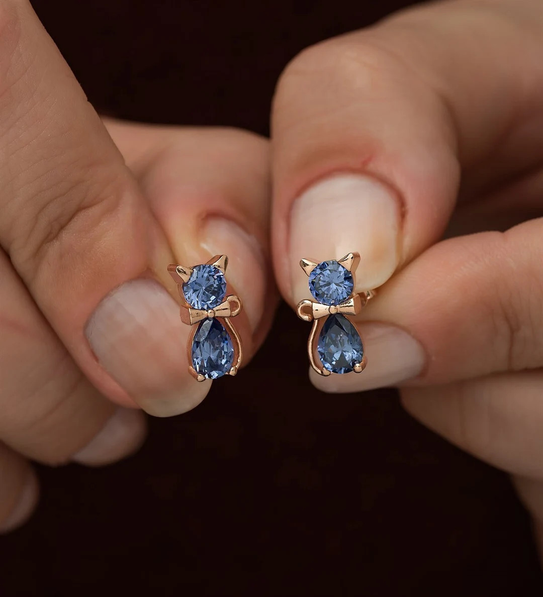 Blue Tanzanite Stone Cat Rose Gold Plated 925 Sterling Silver Earrings Minimalist Cat Mystical Ea... | Etsy (US)