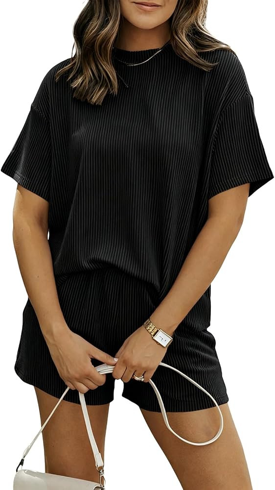 BDITANLE Women's 2 Piece Lounge Set Short Sleeve Wide Leg Shorts Pockets | Amazon (US)