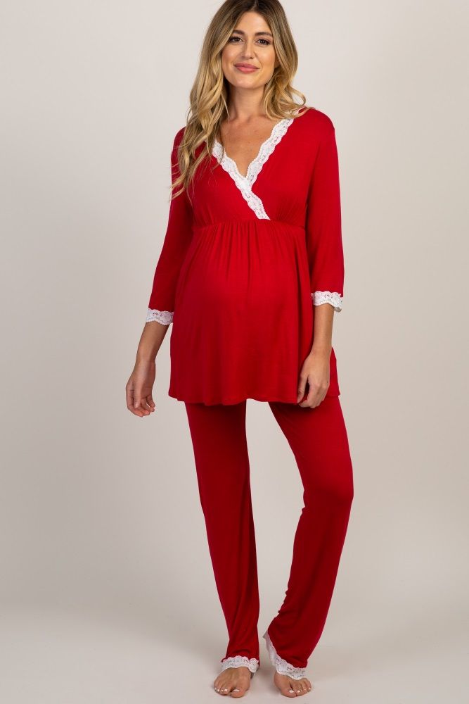 Red Lace Trim Maternity Pajama Set | PinkBlush Maternity