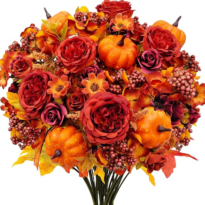3 Bundles Fall Artificial Flowers with Pumpkin Mums Realistic Fake Fall Floral Bouquet, Autumn Ha... | Amazon (US)