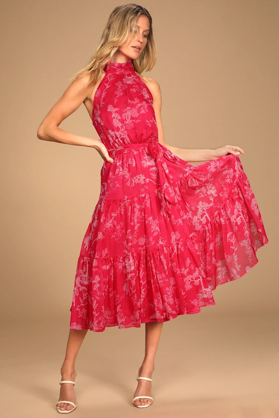 Float to You Hot Pink Floral Print Halter-Neck Tiered Midi Dress | Lulus (US)
