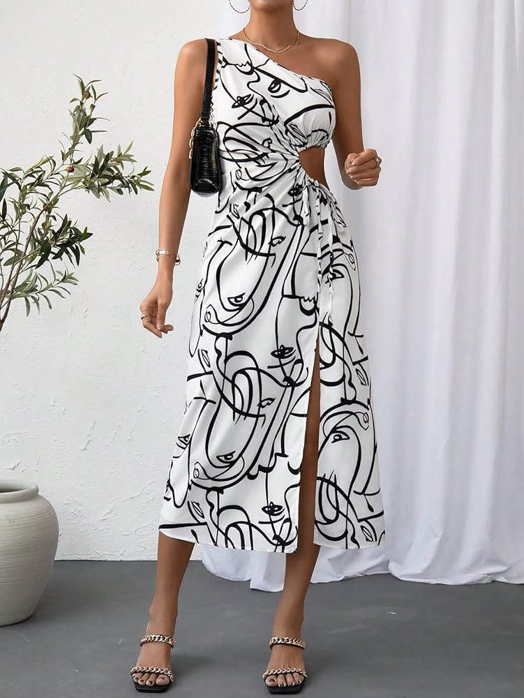 Neeno Women's Dresses Allover Figure Graphic One Shoulder Cut Out Waist Split Thigh Dress Dress f... | Amazon (US)