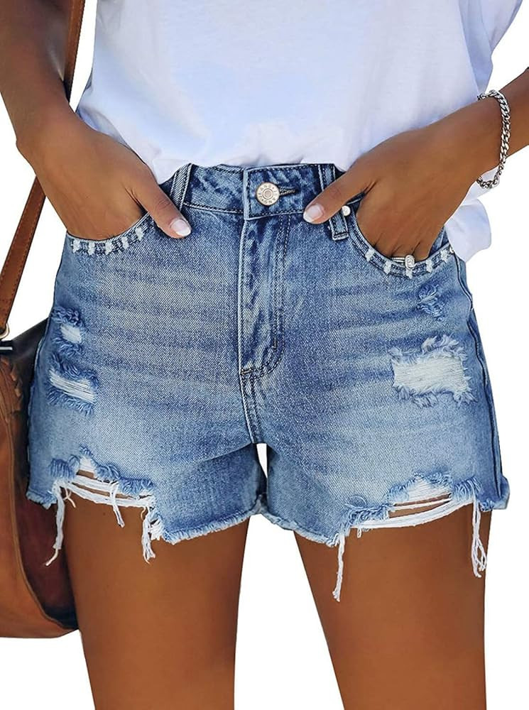 Pink Queen Women's High Waisted Denim Shorts Casual Ripped Summer Hot Short Jeans Frayed Distress... | Amazon (US)