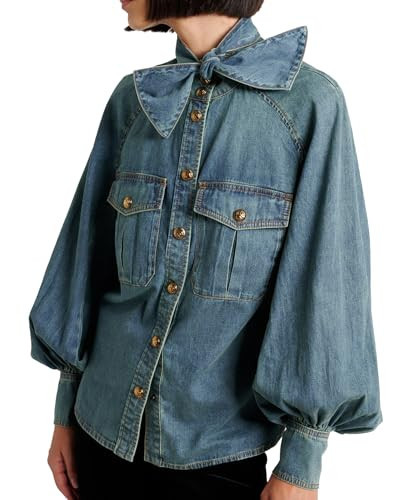 YEXPINE Women's Bow Denim Shirt Button Down High Neck Puff Sleeve Demin Jacket Blue | Amazon (US)