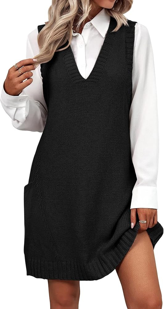 Zeagoo Womens Sweater Vest Dress Pattern Knitted Pullovers Sweaters V Neck Tank Sweater Dress wit... | Amazon (US)