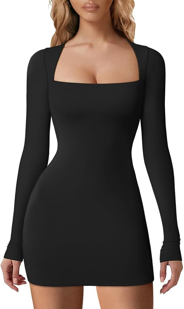 HYZ Women's Fall Casual Long Sleeve Square Neck Going Out Party Mini Tshirt Dress | Amazon (US)