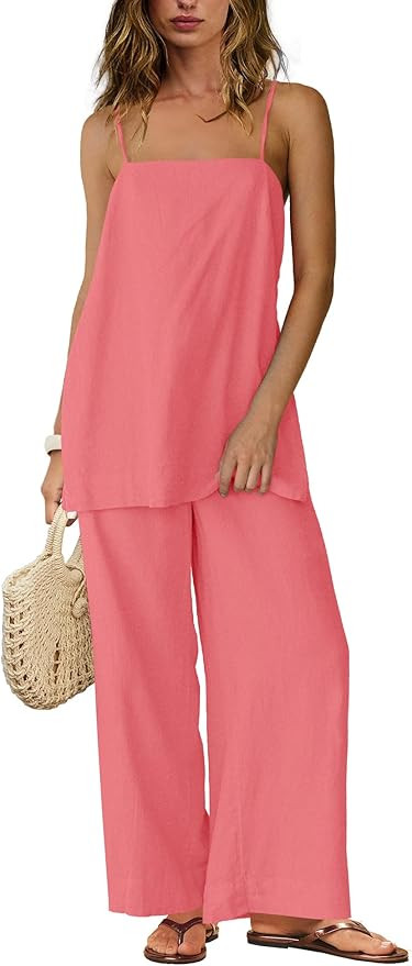 Yanekop Linen Sets for Women 2 Piece Pants Summer Outfits Matching Lounge Sets Spaghetti Strap Ta... | Amazon (US)