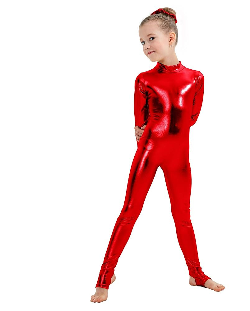 Kepblom Girls Shiny Metallic Mock Neck Unitard Long Sleeve Zipper Back One Piece Bodysuit Costume | Amazon (US)