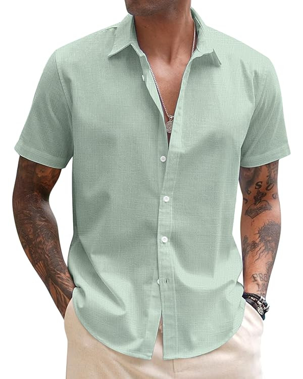 COOFANDY Mens Linen Casual Short Sleeve Shirt Button Down Summer Beach Shirts | Amazon (US)