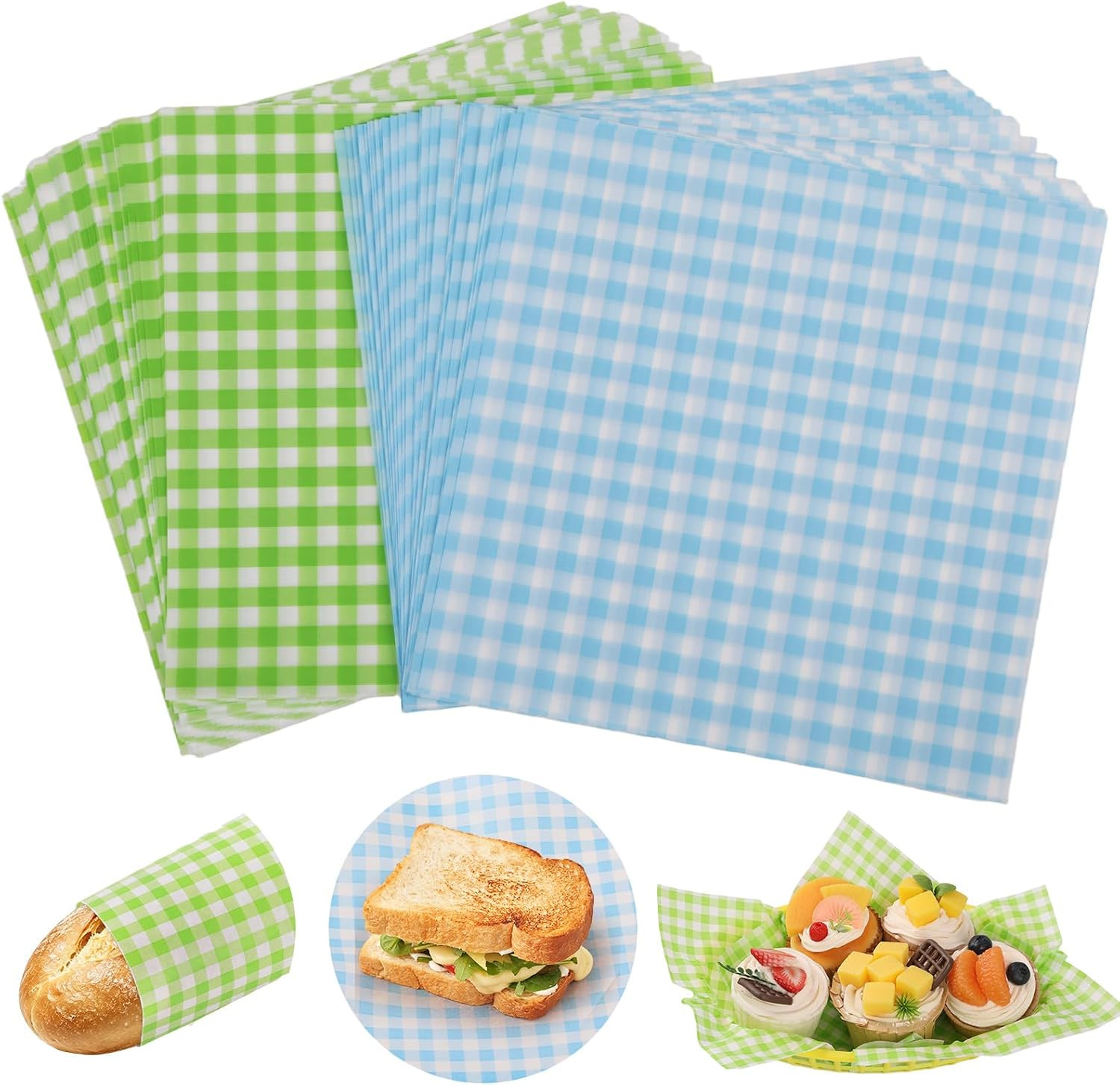 100pcs Deli Paper Sheets 7x7", Checkered Sandwich Paper Wraps, Grease Proof Food Basket Liners, Classic Checkered Sandwich Wrapping Paper for Party, Festival and Outdoors - Blue+Green | Amazon (US)