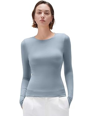 SUUKSESS Cloud Cashmere Women Crew Neck Fitted Long Sleeve Shirt Basic Knit Tops | Amazon (US)