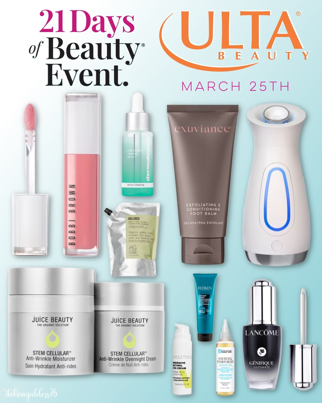 Ulta’s 21 Days of Beauty Sale ~ 50% off select must-have items, daily! 

March 25th - 

*BOBBI BROWN Extra Plump Hydrating Lip Oil
*select Lancôme Génifique
*select Redken masks
*Juice Beauty Stem Cellular Anti-Wrinkle Best Sellers Day & Night Moisturizers Kit
*AG Care
*PMD SilkSteam Pro - Spa-Grade Facial Steamer
*Design Essentials Chebe and Scalp collections
*select Volition Beauty retinols
*Dermalogica AGE Bright Clearing Serum
*Exuviance Exfoliating & Conditioning Foot Balm


#LTKSeasonal #LTKOver40 #LTKSaleAlert #LTKFindsUnder50 #LTKFindsUnder100 #LTKStyleTip #LTKBeauty #LTKTravel 