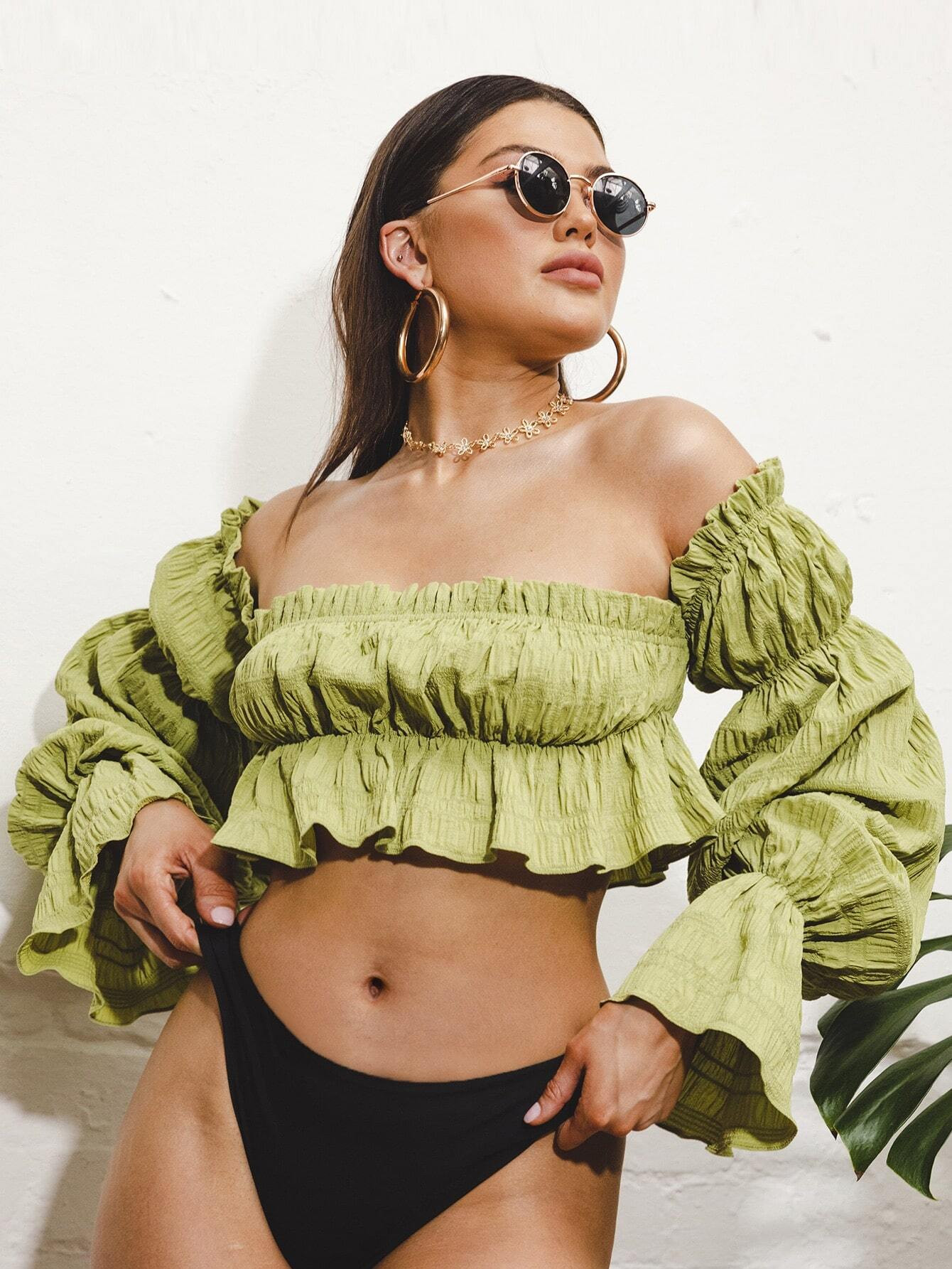 SHEIN Top corto fruncido de busto fruncido ribete fruncido de hombros descubiertos | SHEIN