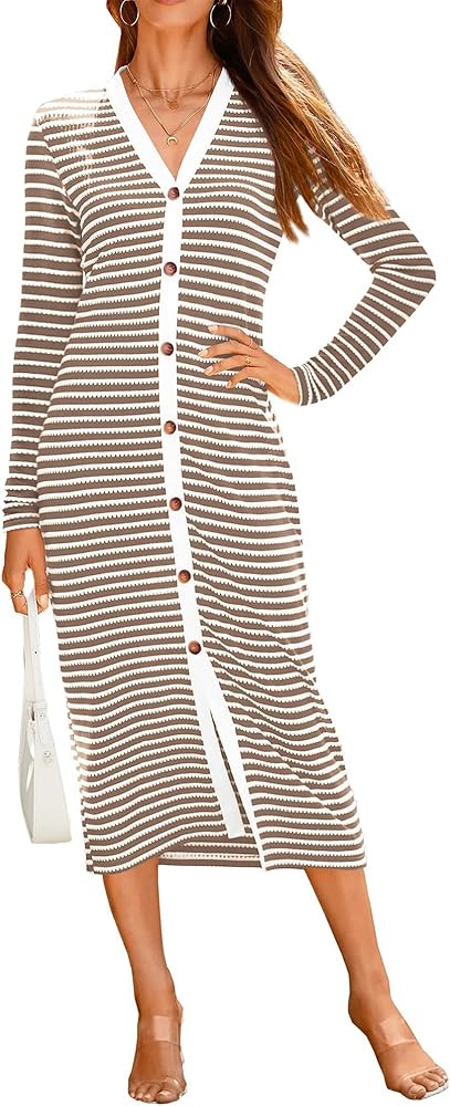BTFBM Women Casual Long Sleeve Dress Fall Dresses 2024 Striped Midi Dresses Decorative Button Rib... | Amazon (US)