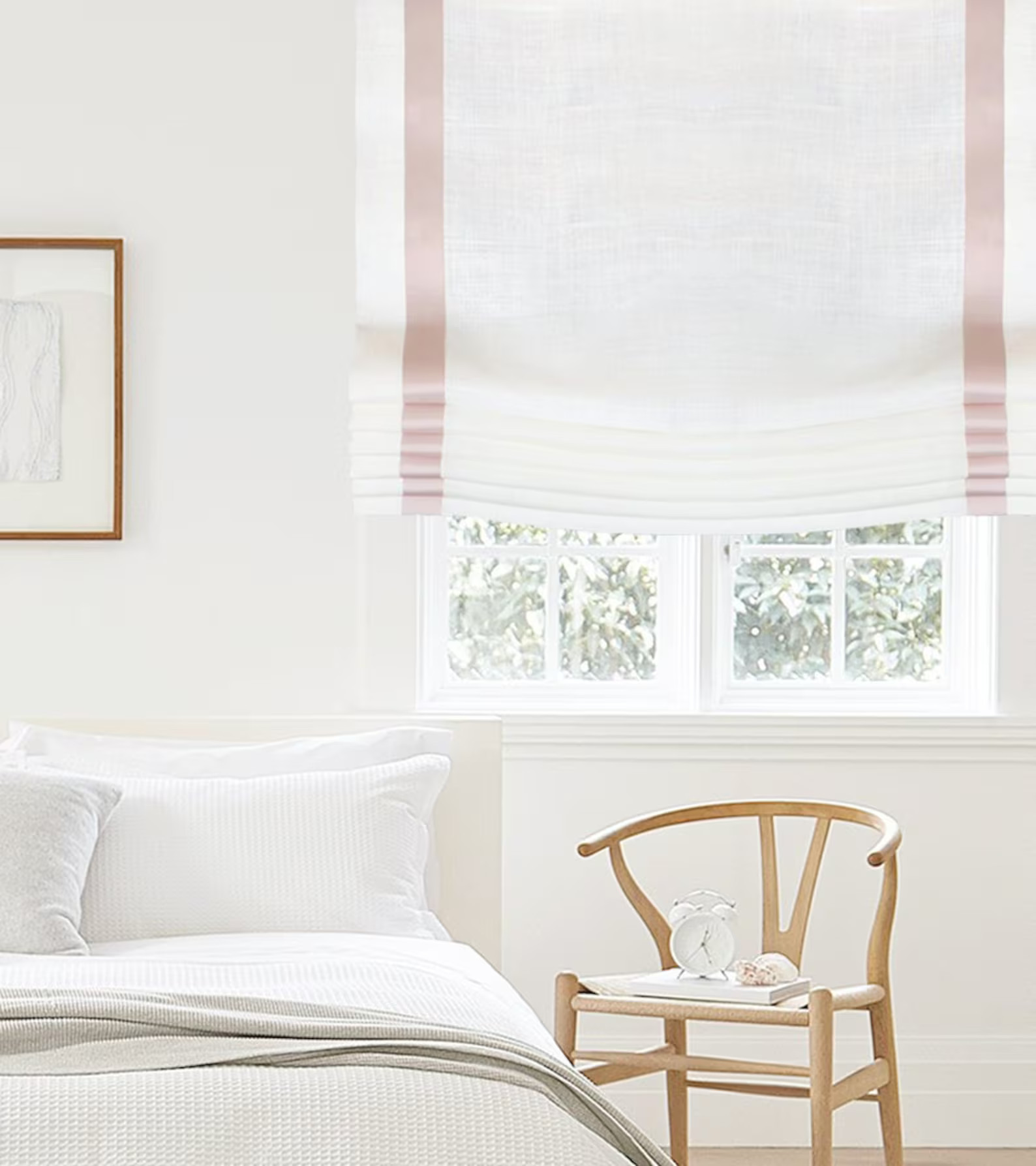 White Linen Flat Relaxed Roman Shades with Bordered Pink Peach | Etsy | Etsy (US)