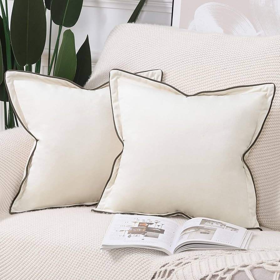 MADIZZ Set of 2 Velvet Fringed Throw Pillow Covers 20x20 Inch Cream White Soft Decorative Cushion... | Amazon (US)