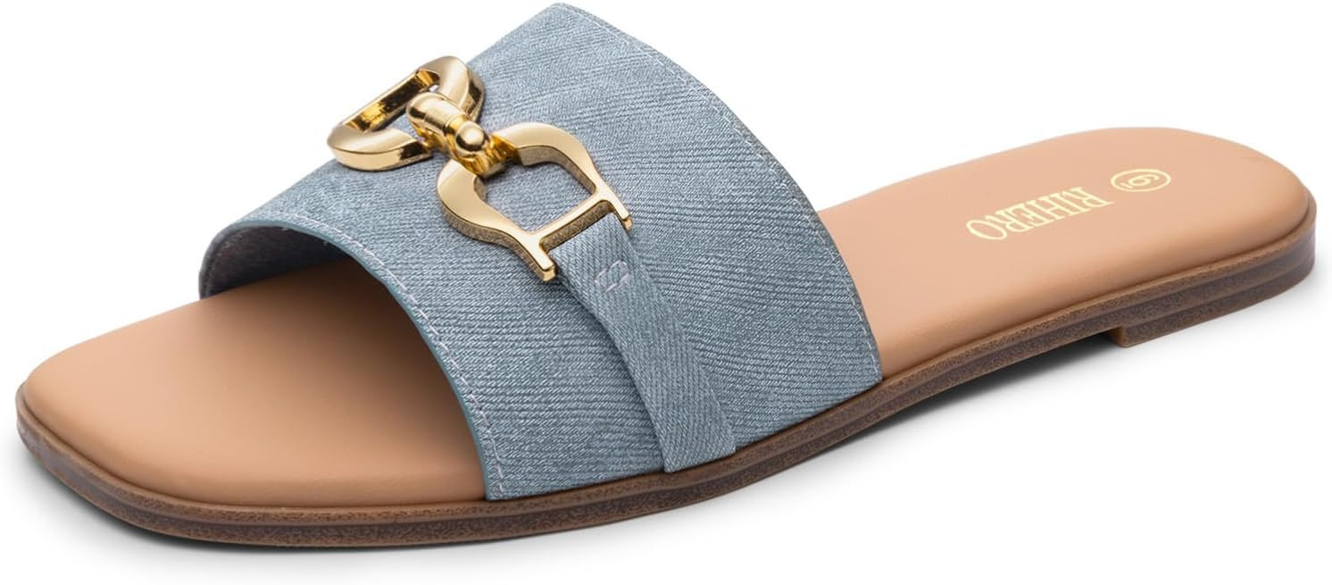 Rihero Women's Flat Sandals Summer Comfortable Square Open Toe Slip On Leather Slide Sandals | Amazon (US)
