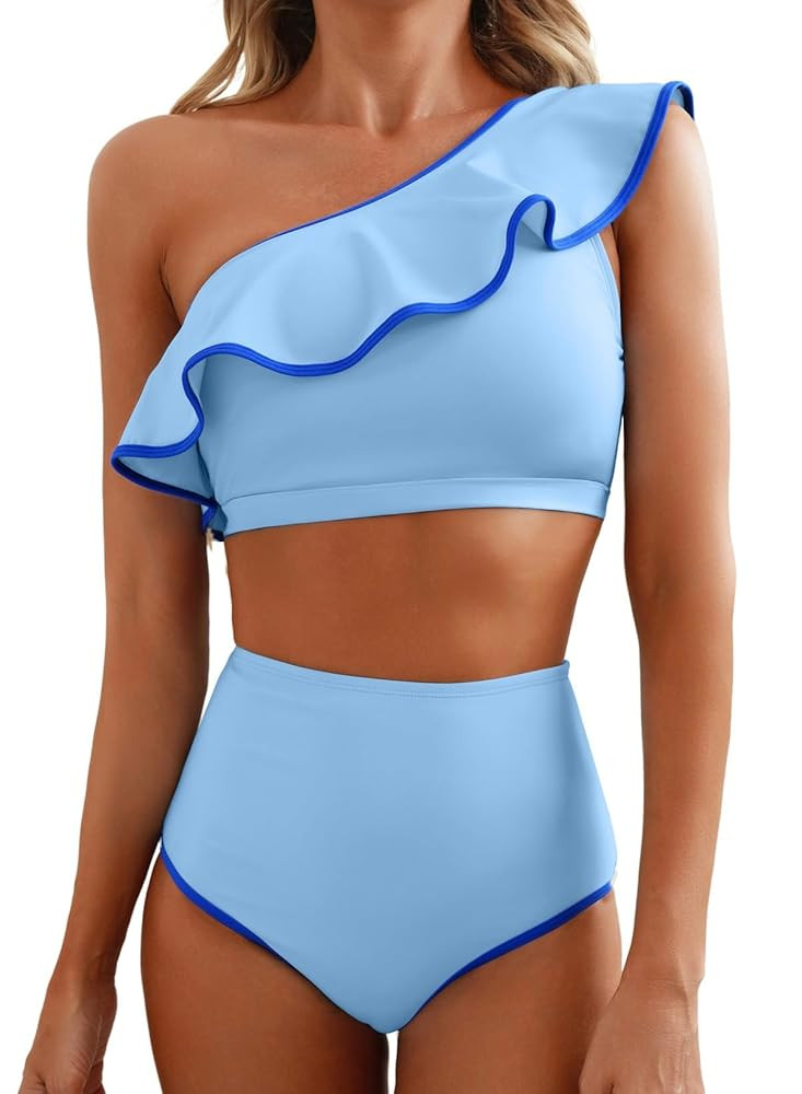 Herseas Women's One Shoulder Bikini Sets Color Block Trim Ruffle Hem Swimsuits Elegant Bathing Su... | Amazon (US)