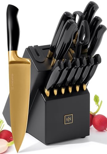 Black and Gold Knife Set with Block and Sharpener – 14-Piece Full Tang Gold Knives with Self-Sharpening Knife Block – Durable Luxury Kitchen Accessories for Cooking and Prepping; Ideal for Gifting | Amazon (CA)
