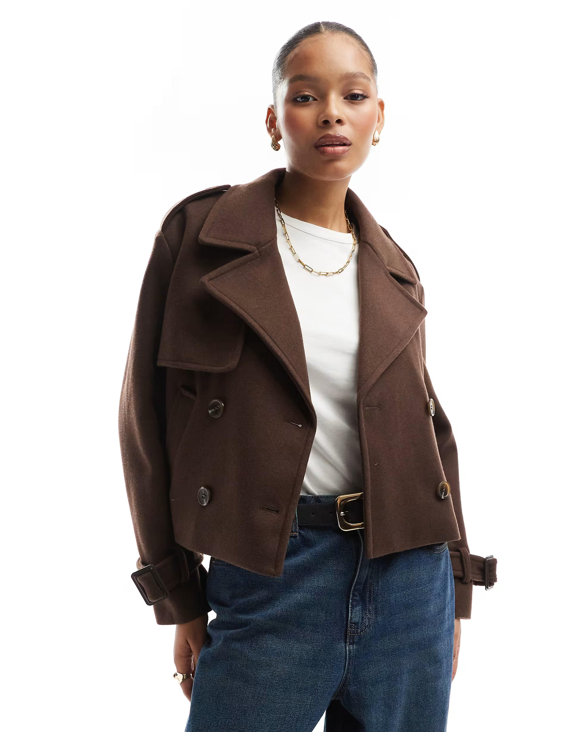 Bershka cropped wool trench coat in chocolate | ASOS (Global)