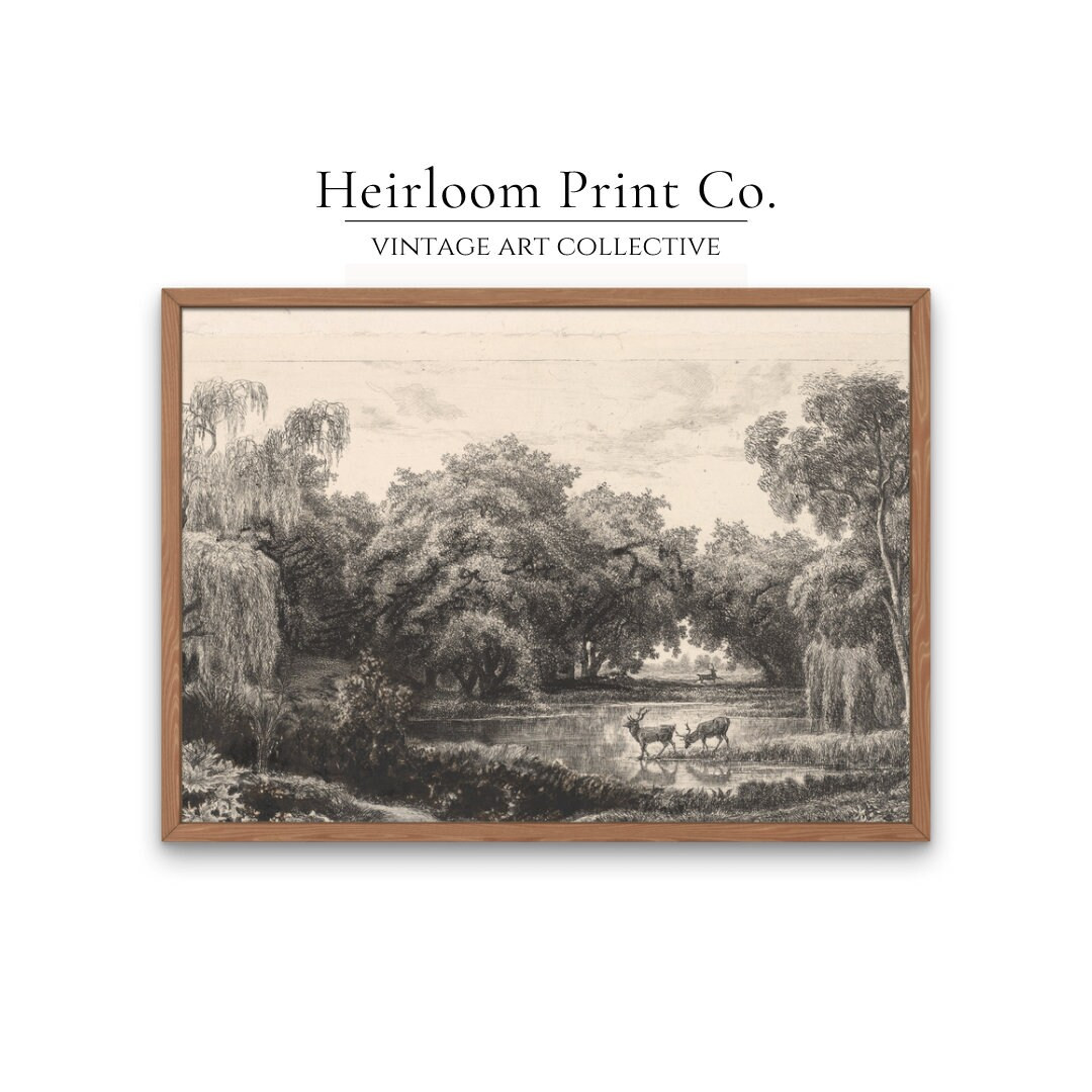 Deer at Pond Print/ Printable Digital Download / Vintage Landscape Sketch/ Home Decor/ Antique Ar... | Etsy (US)