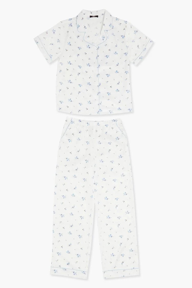 Girls Floral Print Pajama Shirt & Pants Set (Kids) in White, 5/6 | Forever 21