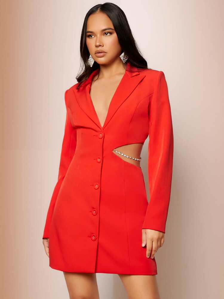 SHEIN Lapel Neck Button Front Cut Out Rhinestone Blazer | SHEIN